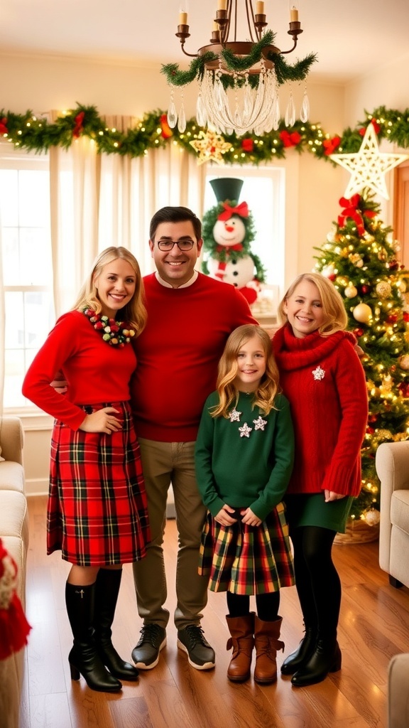A family of four in coordinated Christmas outfits, smiling in front of a decorated Christmas tree.